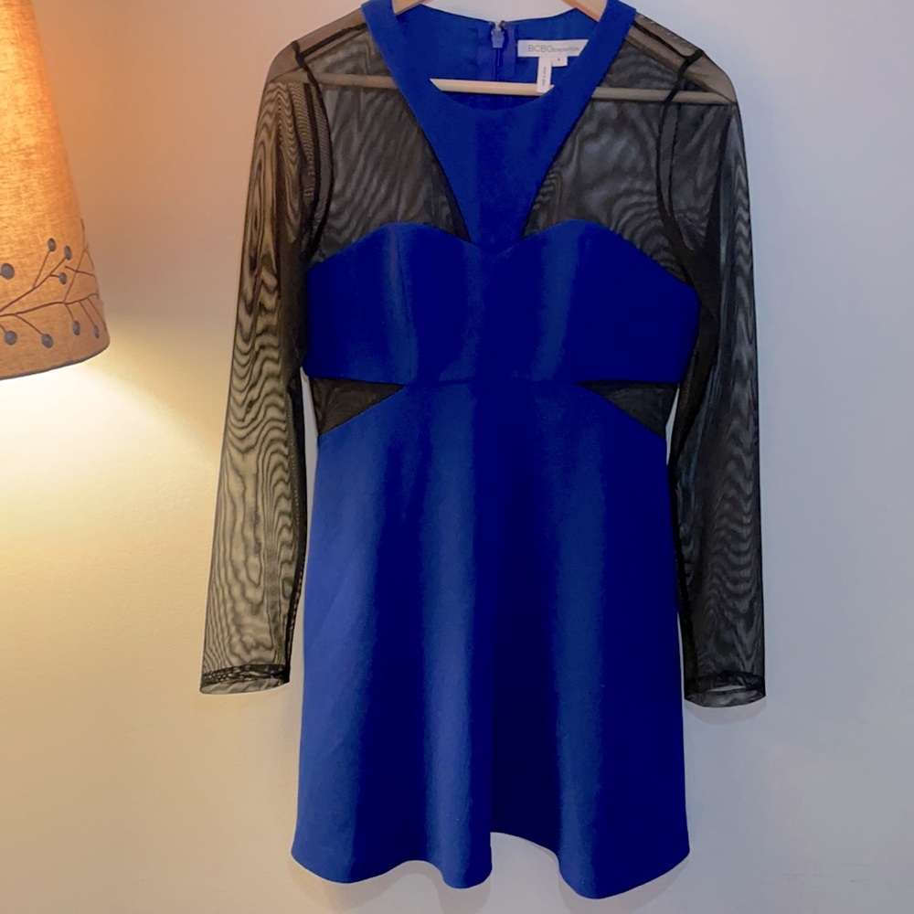 BCBG- Long Sleeves Bright Blue Mini Dress with Black Transparency